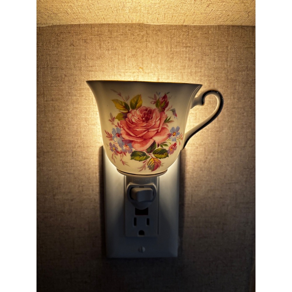 Vintage Floral Teacup Night Light Repurposed Porcelain Rose Gold Cottagecore 196